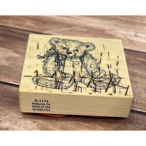 Vintage PSX G-1174 1995 Wood Mounted Rubber Stamp Teddy Bear With Bow & Heart